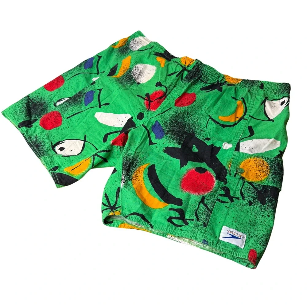 VTG Speedo Green Abstract Print Swim Trunks Mens XL Cargo Pocket Funky Pop Art